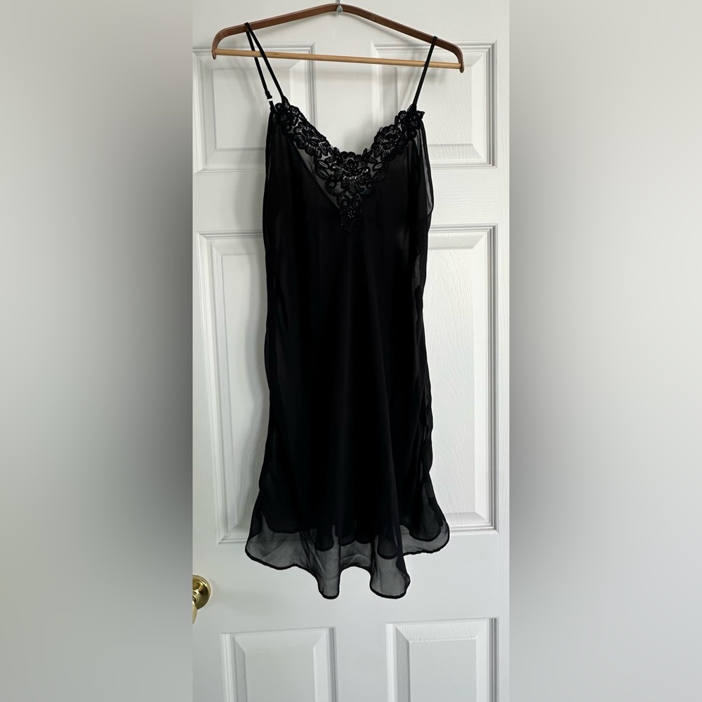 Vintage Dentelle Black Nightgown Slip Dress Sheer Adjustable Strap Beading S M L